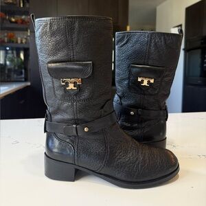 Tory Burch Leona black boots pebbled leather riding women's size 8M biker #S27